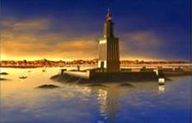 08 - El Faro de Alejandría. Construido entre 285 a. C. y 247 a. C. en la isla de Pharos, en Alejandría (Egipto), para guiar a los navíos que se dirigían al puerto de la ciudad. Al igual que la tumba de Mausolo dio nombre genérico a todos los grandes monumentos funerarios que la siguieron, la torre de Faros (Pharos) hizo lo propio con las torres de señales para la navegación. El Faro perduró hasta que los terremotos de 1303 y 1323 lo redujeron a escombros; en el año 1480 utilizaron los escombros.